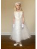 Beaded Ivory Lace Tulle Ankle Length Flower Girl Dress